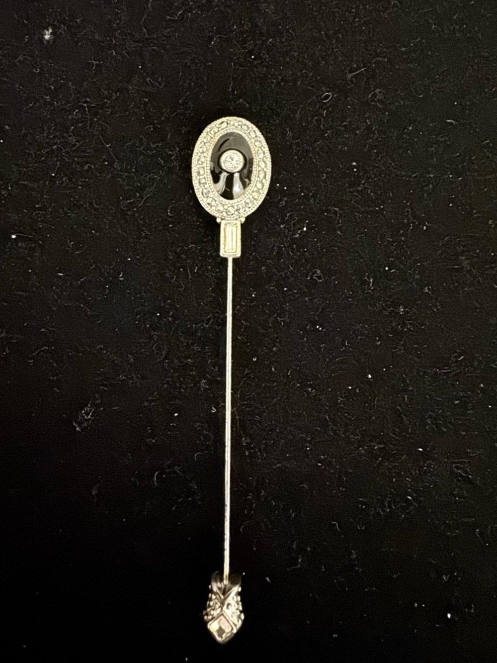 Vintage Signed Monet Antique-Style Silver Stick Pin with Black Onyx and Crystals